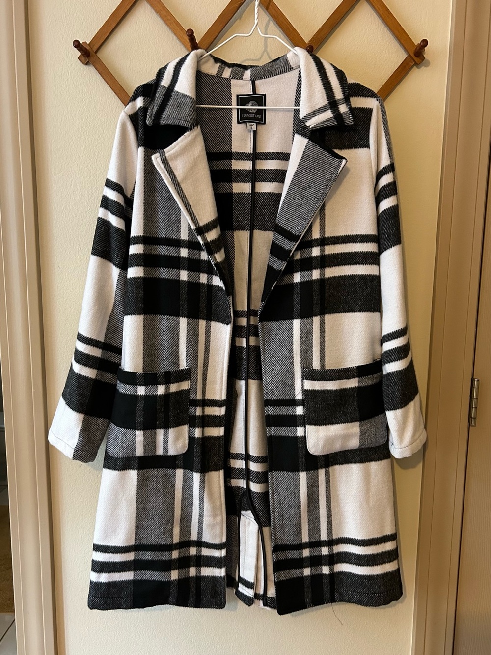 Black & White Plaid Open Front Coat